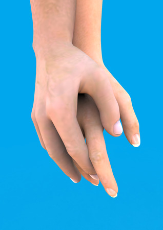 3d holding hand in hand on blue backgroundの写真素材