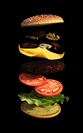3d Delicious hamburger with flying ingredients on black background, 3d illustrationの写真素材