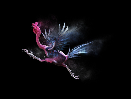 A cockfight moving and jumping with dust particle effect on black background, 3d illustrationの写真素材