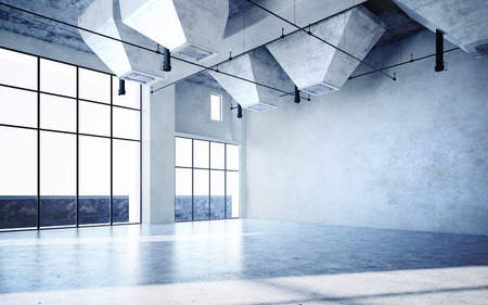 Beautiful Blue White and Bright Room with Sun Light Passing Through, Decorated with Cement Floor, Vintage Style, 3d Illustration, 3d Render.の写真素材