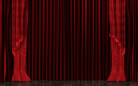 3d Illustration Closed Red Stage Curtain Realistic. Grand Opening Concept, Performance or Event Premiere Poster, Announcement Banner Template with Theater Stageの写真素材