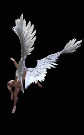 3d Illustration Angel Wings, White Wing Plumage Isolated on Black Background with Clipping Path.の写真素材