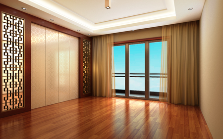 3d Illustration Beautiful Bright Warm Room, Decorated with Curtain and Parquet Floorの写真素材