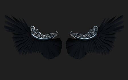 3d Illustration Demon Wings, Black Wing Plumage Isolated on Black Backgroundの写真素材