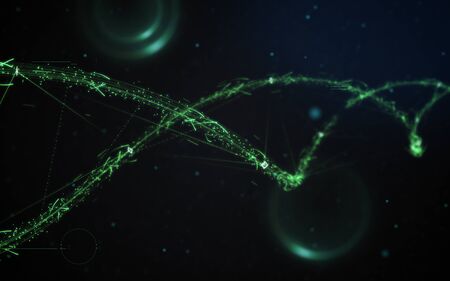 Sci-fi green particle neon light abstract on dark black background,の写真素材