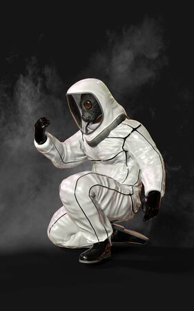 3d illustration concept. Man in virus protective biohazard suit and mask stopping coronavirus spread. Pathogen novel flu coronavirus COVID-19 global pandemic outbreak crisis with clipping path.の写真素材