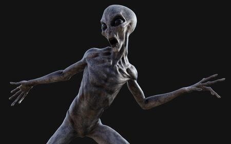 3d Illustration  a gray alien on dark background   .