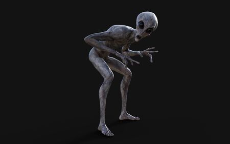 3d Illustration  a gray alien on dark background   .