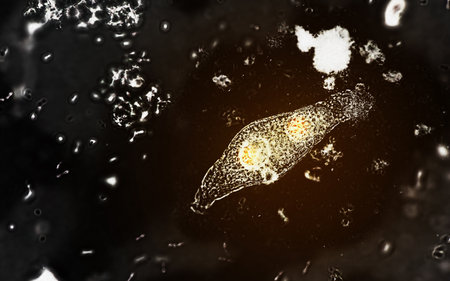 Cells shots from microscope. Cell division. Illustration of glowing, shining and transparent orange cells on dark back background. Scientific and Biology concept.の写真素材