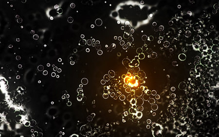 Cells shots from microscope. Cell division. Illustration of glowing, shining and transparent orange...