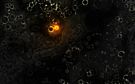 Cells shots from microscope. Cell division. Illustration of glowing, shining and transparent orange...