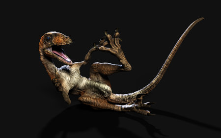 3d Illustration pose of deinonychus antirrhopus the most iconic and representative dinosaurs on dark background with clipping path. dinosaurs concept.の写真素材