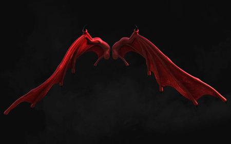 3d Illustration Red Dragon Wing, Red Devil Wings, Red Demon Wing Plumage Isolated on Dark Background with Clipping Path.の写真素材
