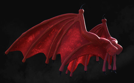 3d Illustration Red Dragon Wing, Red Devil Wings, Red Demon Wing Plumage Isolated on Dark Background with Clipping Path.の写真素材