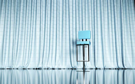 Blue small bar chair on stage in front of light blue curtain. Performance or show concept. 3D sceneの写真素材