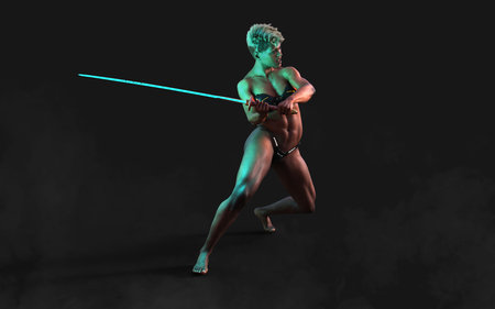 3d Illustration Human Portrait Of A Beautiful Muscular Techno Warrior with A Samurai Sword with...