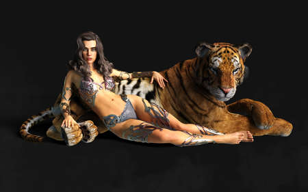 3d Illustration Project of Lady and The Bengal Tigers Poses on Black Background with Clipping Path.の写真素材