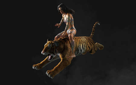 3d Illustration Project of Lady and The Bengal Tigers Poses on Black Background with Clipping Path.の写真素材