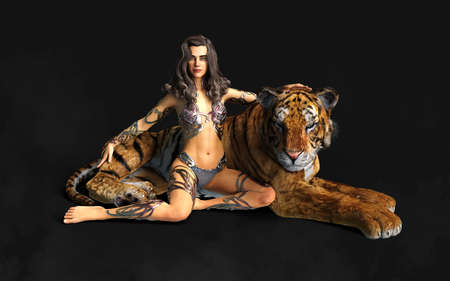 3d Illustration Project of Lady and The Bengal Tigers Poses on Black Background with Clipping Path.の写真素材