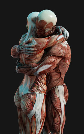 3D render of male and female figures pose with skin and muscle map on dark backgroundの写真素材