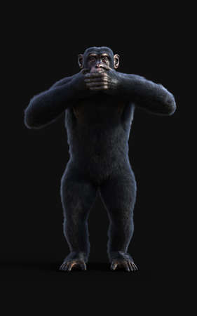 3d Illustration of three Chimpanzee monkeys, standing and closing the eyes, mouth, and ears,...
