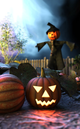 3d Illustration of Scary Scarecrow with Pumpkin Head in a Hat and Coat on Night Cornfield. Spooky Halloween Holiday Concept.の写真素材