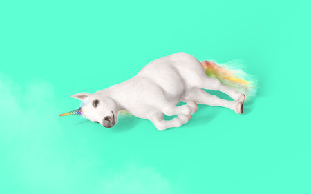 3d rendering of a white unicorn with a unicorn horn on a green backgroundの写真素材