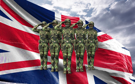 United Kingdom army forces with United Kingdom flag on cloudy sky background, military 3D illustrationの写真素材