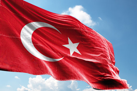 Turkey flag waving in the blue sky with clouds 3D illustration.