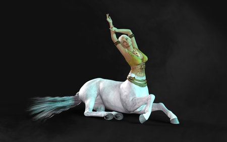 3d render of a beautiful woman on a white horse on a black backgroundの写真素材