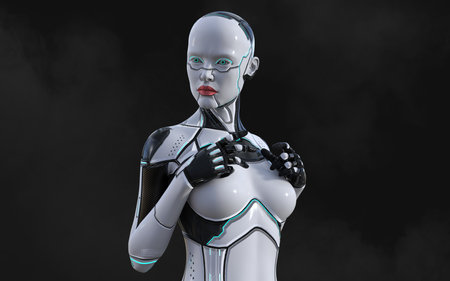 Robot woman - 3D rendering of a female robot isolated on black backgroundの写真素材