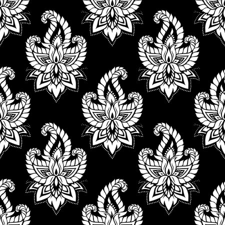 Seamless pattern with abstract flowers. Black and white vector illustration.のイラスト素材