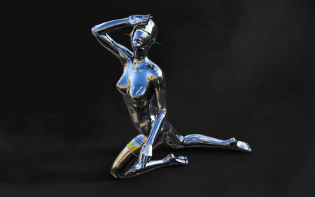 Cyborg woman. Silver metal droid on a black background. 3d renderingの写真素材