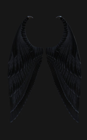 Black angel wings isolated on black background. 3d rendering. Front view.の写真素材