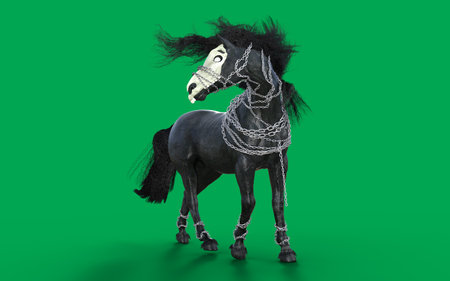 Horse with black mane on green background. 3D renderingの写真素材