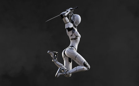 A woman cyborg ninja pose with katana sword on black background.