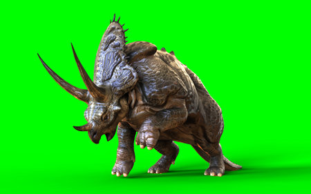 3d Illustration of a majestic dinosaurs in a prehistoric landscape isolated on green backgroundの写真素材