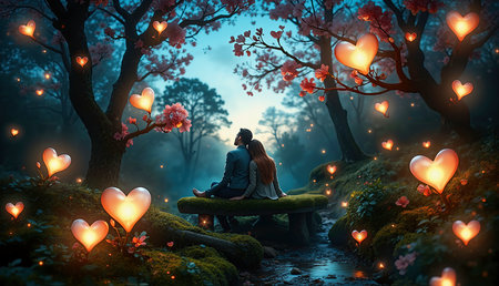 A romantic scene featuring a couple sharing an intimate moment surrounded by glowing heart-shaped lights and vibrant flowers, symbolizing love and affection.の素材