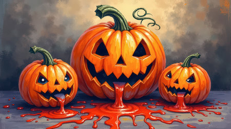Halloween pumpkins with scary faces on grunge background. Vector illustrationの素材