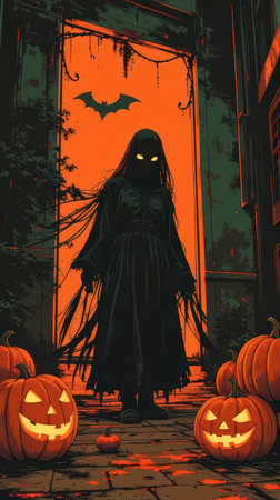 Illustration of a scary witch with pumpkins in front of her houseの素材