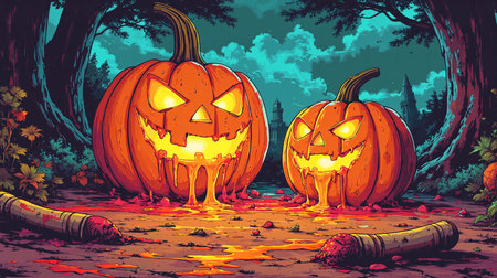 Halloween pumpkins in the forest. Vector illustration in cartoon style.の素材