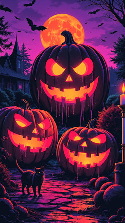Halloween background with pumpkins in the cemetery. Vector illustration.の素材