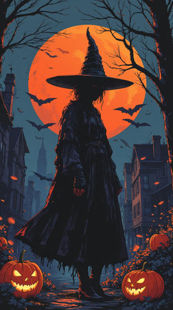 Halloween illustration of witch with pumpkins on the background of the cityの素材