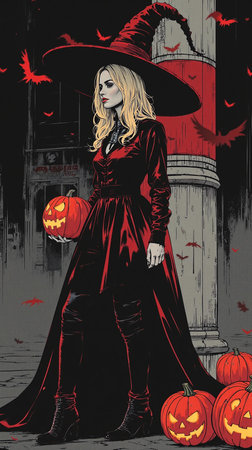 Halloween illustration of a beautiful woman in a witch costume with pumpkins.の素材