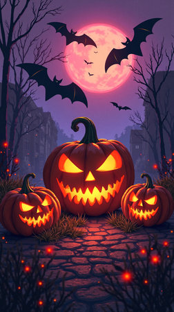 Halloween background with pumpkins, bats and full moon. Vector illustrationの素材