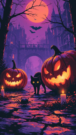 Halloween background with pumpkins, black cat and castle. Vector illustration.の素材
