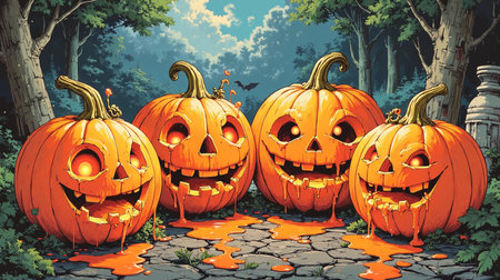 Halloween pumpkins in the forest, 3d render illustration.の素材