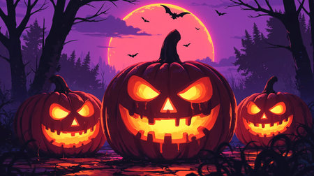 Halloween pumpkins in the forest at night, vector illustration.の素材