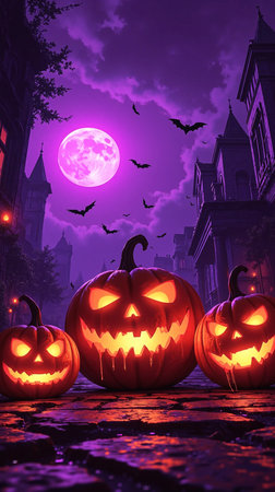 Halloween pumpkins in front of a haunted house with full moonの素材