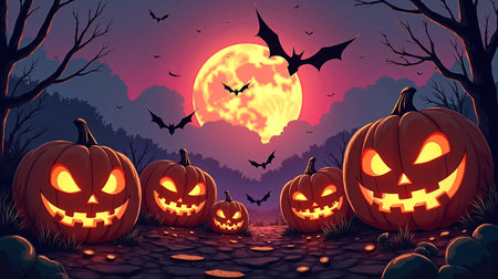 Halloween background with pumpkins, bats and moon. Vector illustrationの素材